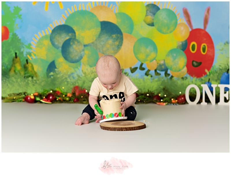 A very Hungry Caterpillar cake smash picking up cake