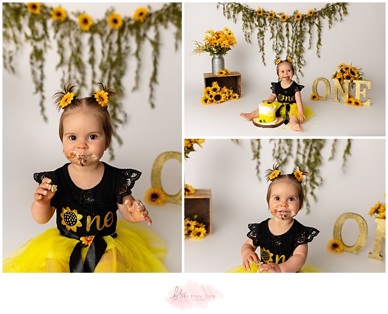 Calgary sunflower cake smash baby eating cake