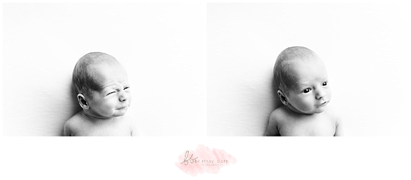 Black and white photos of newborn baby boy awake