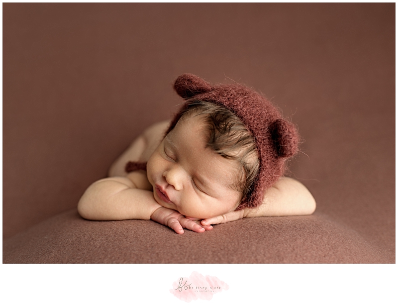 calgary baby boy with bear bonnet