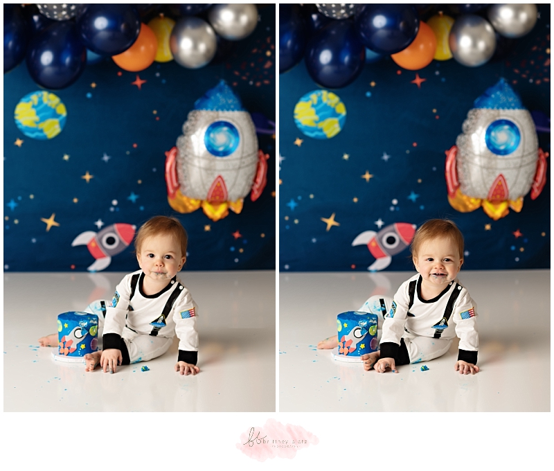 Calgary space themed cake smash astronaut boy smiling