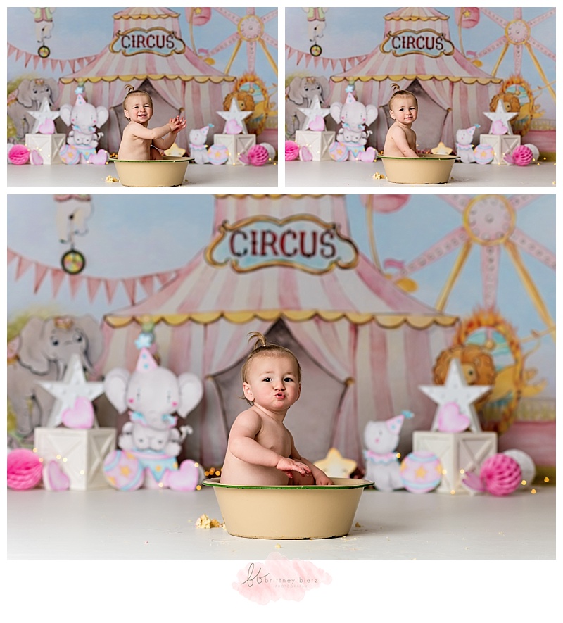 Baby girl smashing around in a vintage tub after her Calgary cake smash