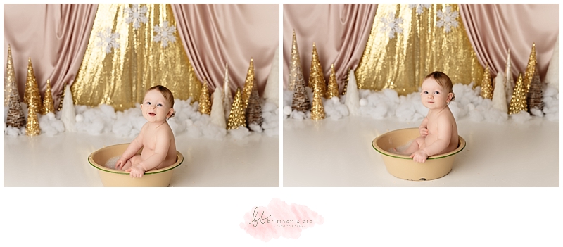 Calgary winter-themed cake smash baby in bubble bath