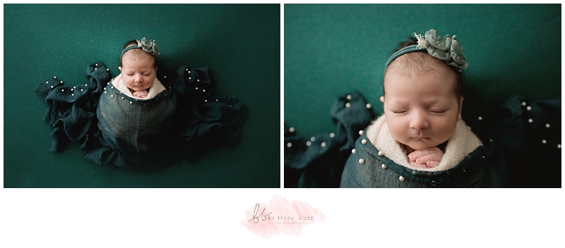 Calgary Newborn Photographer baby girl in green with pearls