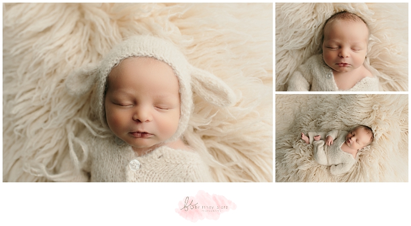 Sleeping Baby boy in mohair romper and lamb bonnet