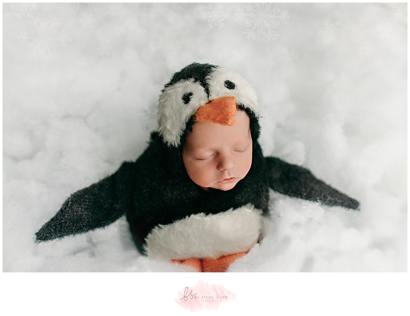 Baby boy in knit penguin suit